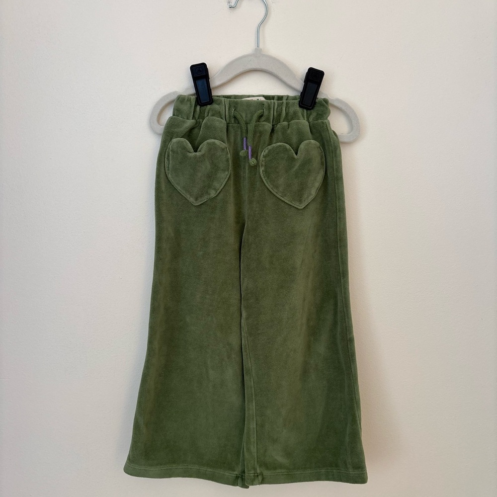 Mini Boden Olive Green Velour Joggers with Heart Pockets